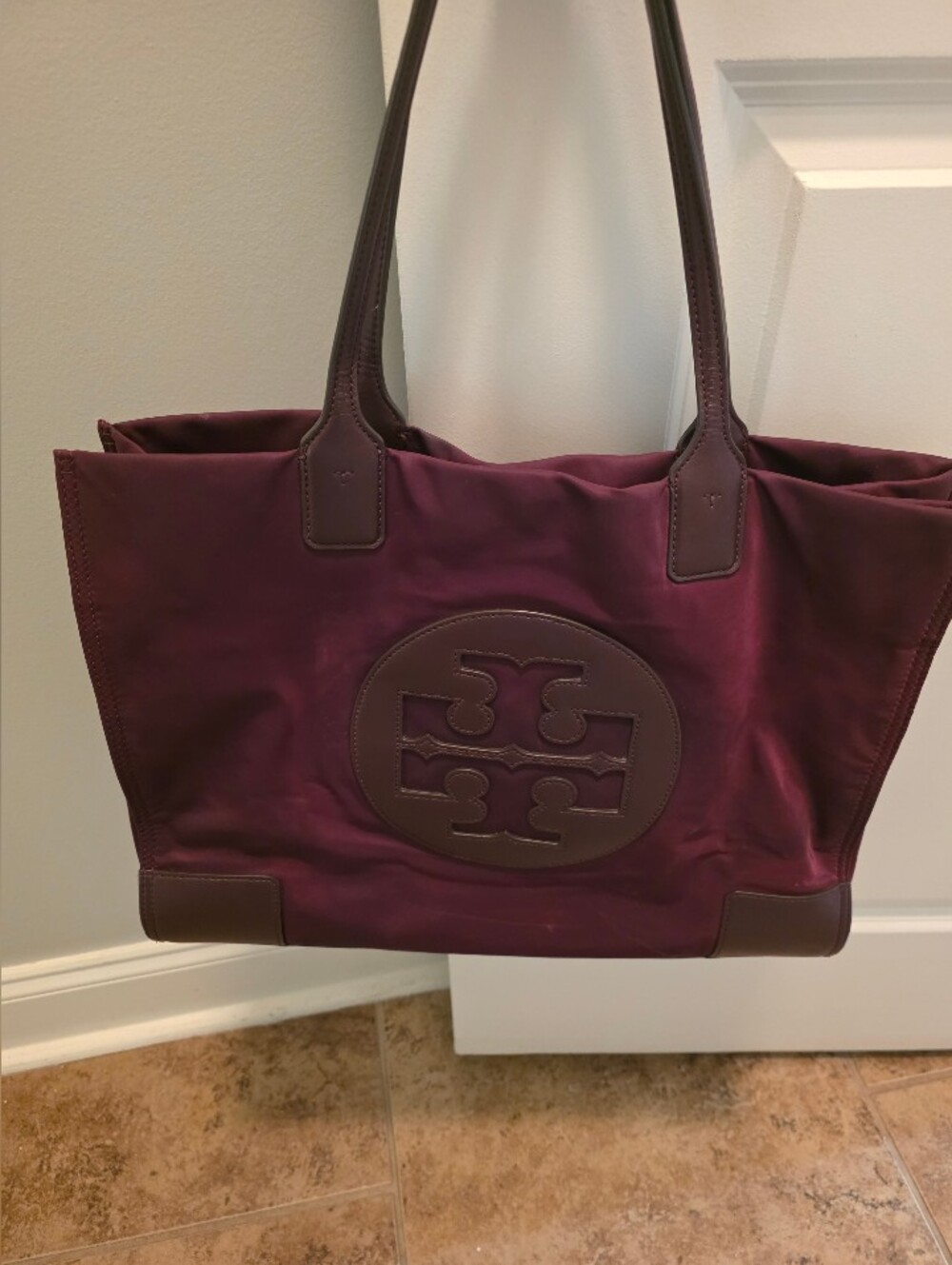 Tory Burch Large Wine Nylon Tote with Logo Medallion